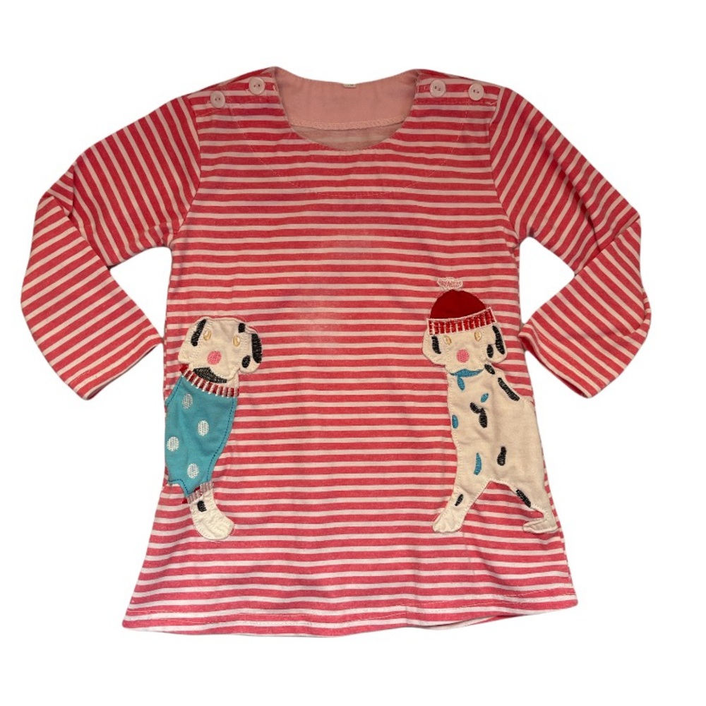 Pink, white size 80 (12month) striped dress/ shirt with dogs and double pockets